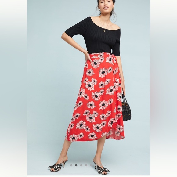 Anthropologie Red Asymmetrical Wrap Midi Skirt - Picture 7 of 10